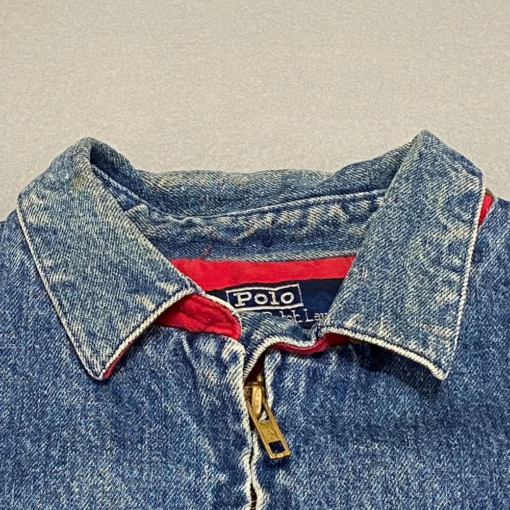 Vtg Polo Ralph Lauren Denim Jacket Mens Medium Blue Harrington Bomber Red Lining